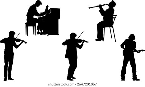 Silhueta Vetor Conjunto de Artistas Musicais - Guitarra, Violino, Piano e Instrumento de Vento Jogadores