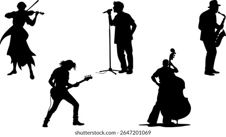 Silhueta Vetor Conjunto de Artistas Musicais - Guitarra, Violino, Violoncelo, Saxofone e Artistas Cantores
