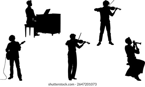 Silhouette Vector Set of Music Performers - Guitar, Violin, Piano and Classical Instruments