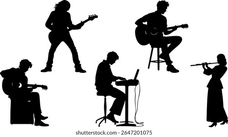 Silhouette Vector Set of Music Performers - Guitar, Keyboard, Flute and Concert Scenes