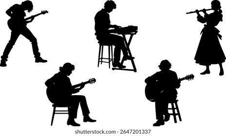 Silhouette Vector Set of Music Performers - Guitar, Keyboard, Woodwinds and Concert vectors