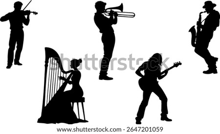Silhouette Vector Set of Music Performers - Guitar, Violin, Saxophone, Trumpet and Harp Players
