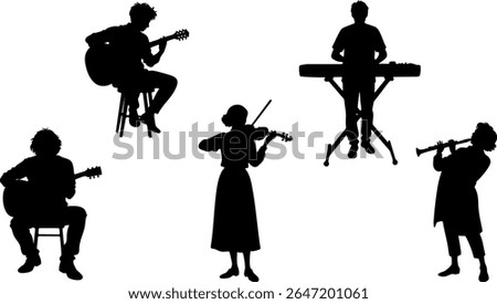 Silhouette Vector Set of Music Performers - Guitar, Violin, Keyboard and Woodwind Instruments