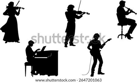 Silhouette Vector Set of Music Performers - Guitar, Violin, Piano and Wind Instruments in Concert Scenes