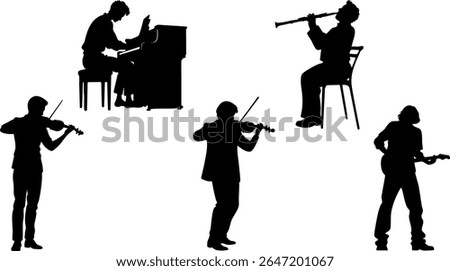 Silhouette Vector Set of Music Performers - Guitar, Violin, Piano and Wind Instrument Players