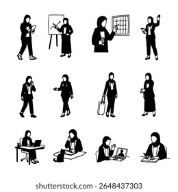 Silhueta Vetor Conjunto de Muçulmana Empresária. Vetor de Silhueta Minimalista de Mulheres Hijabi no Local de Trabalho Profissional.Hijabi Businesswoman Silhouette Illustration. Vetor desenhado à mão de negócios Hijabi
