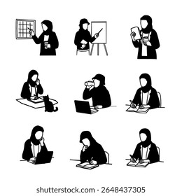 Silhueta Vetor Conjunto de Muçulmana Empresária. Vetor de Silhueta Minimalista de Mulheres Hijabi no Local de Trabalho Profissional.Hijabi Businesswoman Silhouette Illustration. Vetor desenhado à mão de negócios Hijabi