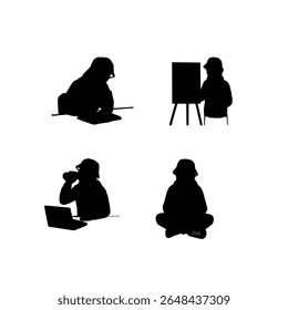 Silhueta Vetor Conjunto de Muçulmana Empresária. Vetor de Silhueta Minimalista de Mulheres Hijabi no Local de Trabalho Profissional.Hijabi Businesswoman Silhouette Illustration. Vetor desenhado à mão de negócios Hijabi