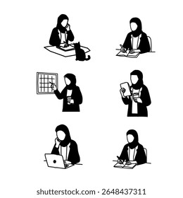 Silhueta Vetor Conjunto de Muçulmana Empresária. Vetor de Silhueta Minimalista de Mulheres Hijabi no Local de Trabalho Profissional.Hijabi Businesswoman Silhouette Illustration. Vetor desenhado à mão de negócios Hijabi