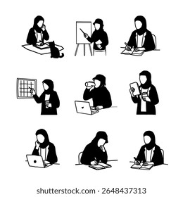 Silhueta Vetor Conjunto de Muçulmana Empresária. Vetor de Silhueta Minimalista de Mulheres Hijabi no Local de Trabalho Profissional.Hijabi Businesswoman Silhouette Illustration. Vetor desenhado à mão de negócios Hijabi