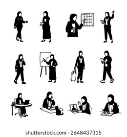 Silhouette Vector Set of Muslim Businesswoman. Minimalist Silhouette Vector of Hijabi Women in Professional Workplace.Hijabi Businesswoman Silhouette Illustration. Hand-drawn Vector of Hijabi Business