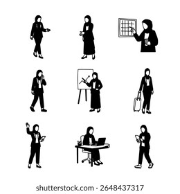 Silhueta Vetor Conjunto de Muçulmana Empresária. Vetor de Silhueta Minimalista de Mulheres Hijabi no Local de Trabalho Profissional.Hijabi Businesswoman Silhouette Illustration. Vetor desenhado à mão de negócios Hijabi