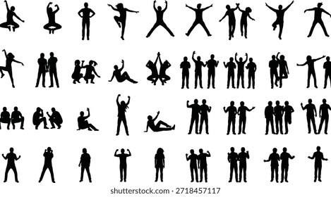 Conjunto de personas de Vector de silueta en poses dinámicas, saltar, bailar, sentarse, interactuar, gestos expresivos, perfecto para animación, referencia, postura, movimiento, psicología y contenido artístico
