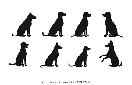 Silhouette Vector Set of Sitting Dogs in Various Poses and Breeds, Dog Silhouette Design Elements Set in Sitting Position for Pet Graphics