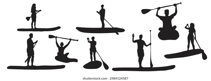 Silhouette vector set of SUP surfing. Male and female surfer with paddle. Paddleboarding, SUP fitness on the water. A guy and a girl surfer on board. Abstract isolated surf shape.