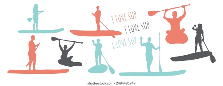 Juego de Vector de silueta de SUP surf. Surfista masculino y femenino con paddle. Paddleboard, SUP fitness en el agua. Un chico y una chica surfistas a bordo. Abstractas forma de surf aislada.