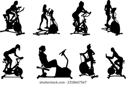 Silhouette Vector Set of Women Excelling on Smart Gym Machines, Silhouette Vector Set Featuring Fit Women on Smart Gym Machines, Efficient Exercise