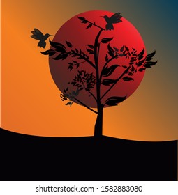 Silhouette vector, with a simple design there are pictures of birds that will land, and the twilight rays, and the sun is so beautiful. and design using adobe illustration eps 10 brighter colors and l