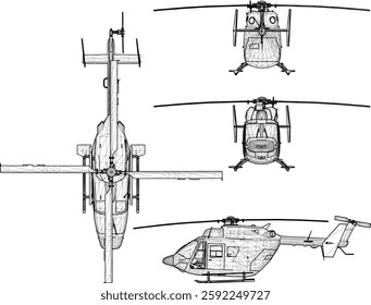 silhouette vector sketch illustration of a helicopter flying vehicle with propellers and flying high in the sky