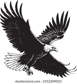 silhouette vector of a soaring eagle black and white outline 