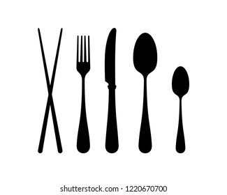 Silhouette Vector Spoon, Fork, Knife, and Chopsticks Cutlery on the Restaurant Sign Symbol Icon Logo Template Design Inspiration