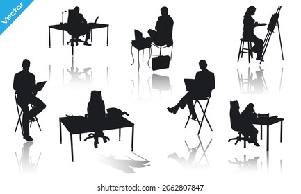 Silhouette Vector Template Of A Man-women Working On A Chair, Table With Laptop On A White Background