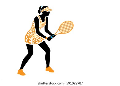 Silhouette vector of tennis player from text concept in standing posture. Illustration about sport and exercise.