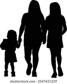  Un Vector de silueta de tres individuos, Pequeño niño, madre e hija caminando juntos. esta Imagen transmite unión, lazos familiares. fondo transparente.