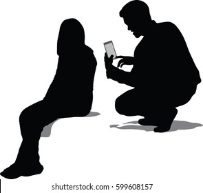 Silhouette vector of Tourists taking picture on travel. Happy urban young couple taking photo portrait with smart phone camera. Happy man and woman having fun photographed on the smartphone