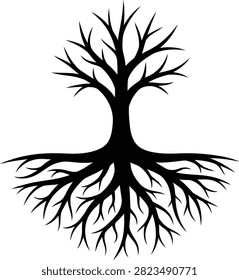 Silhouette vector tree with deep organic roots nature forest graphic design