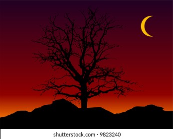 Silhouette Vector Tree Illustration at Sunset