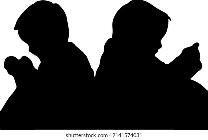 silhouette vector of two boy from back looking at his hands