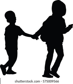 silhouette vector of two children hand in hand,  Hooded Boy with Backpack, Kids going to school together, Back to School. 