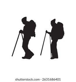 Silhouette Vector of Two Hikers Walking with Backpacks and Trekking Poles Ideal for Outdoor Adventure, Travel, Hiking, Exploration, and Nature Themed Designs