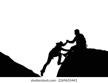 Silhouette vector of two men hiker helping each other on top of mountain. Teamwork and hiking help each other trust assistance.