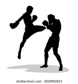 silhouette vector of two muay thai athlete battle on arena, fighting each other 