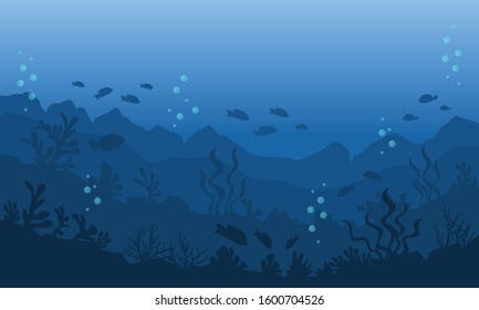 Silhouette vector of underwater sea with fish and bubble and the blue colour of water