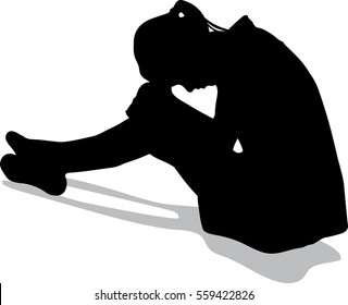 Silhouette Vector Of Very Sad Woman Sitting Alone On White Background, Depressed Young Woman Sitting