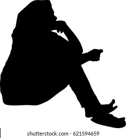 Silhouette vector of Very sad woman sitting alone on white background, Depressed young woman sitting