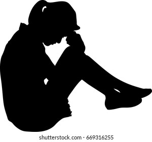 Silhouette Vector Of Very Sad Woman Sitting Alone On White Background, Depressed Young Woman Sitting