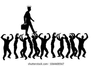 Silhouette vector of a walking selfish and narcissistic man with a crown on his head on the hands of the crowd. The concept of selfishness and narcissistic personality