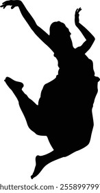 A silhouette vector of a woman dancing in mid air, striking a graceful and energetic pose. isolated on transparent background. 