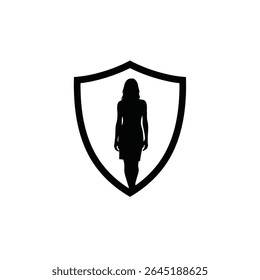 Silhouette vector of a woman standing inside a shield symbolizing protection.