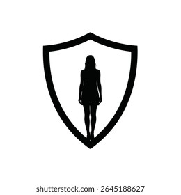 Silhouette vector of a woman standing inside a shield, symbolizing protection.