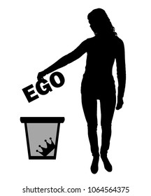 Silhouette vector of a woman throws the word ego into the garbage bin. The concept of selfishness as a bad habit from which it is necessary to refuse