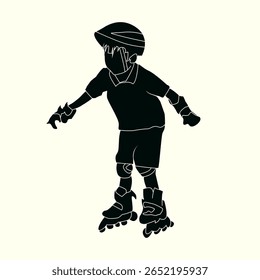 Vetor de silhueta de um menino patinação de rolos com equipamento de proteção completo, incluindo capacete, joelheiras, cotoveleiras e guardas do pulso. Perfeito para projetos de esportes infantis e consciência de segurança