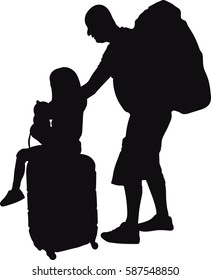 Silhouette vector of young family with luggage walking at airport on white backgound