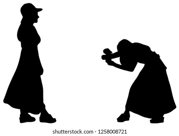 silhouette vector of young lady is taking a photo of her friend.