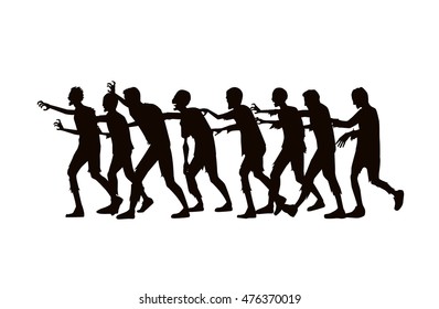 Silhouette Vector Zombie Group Walking On White Background.