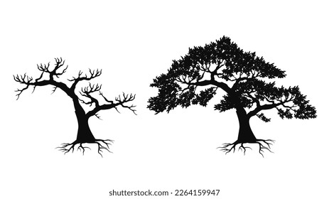 silhouette vectors trees isolated with and without leaves black and white illustration
